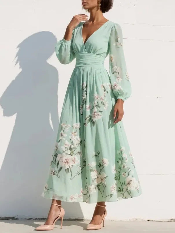 Women's Long Sleeve Floral Maxi Wedding Guest Dress with V-Neck