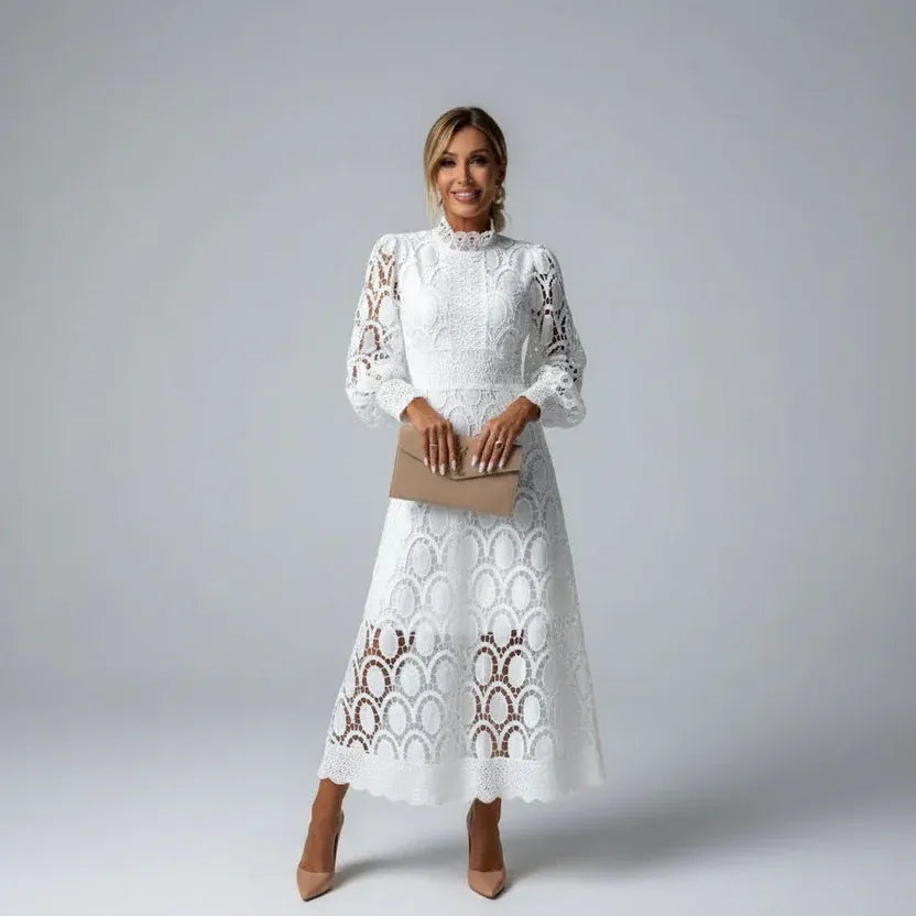 Women's Long Sleeve Lace Midi Wedding Guest Dress with High Neck