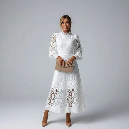 Women's Long Sleeve Lace Midi Wedding Guest Dress with High Neck