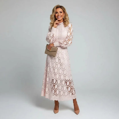 Women's Long Sleeve Lace Midi Wedding Guest Dress with High Neck