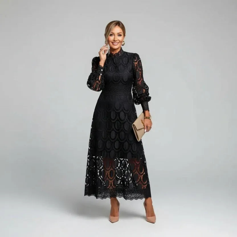 Women's Long Sleeve Lace Midi Wedding Guest Dress with High Neck