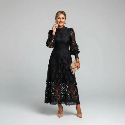 Women's Long Sleeve Lace Midi Wedding Guest Dress with High Neck
