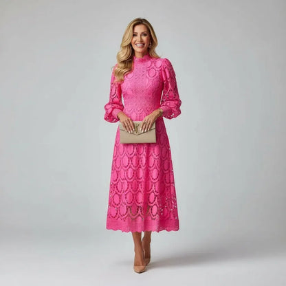 Women's Long Sleeve Lace Midi Wedding Guest Dress with High Neck