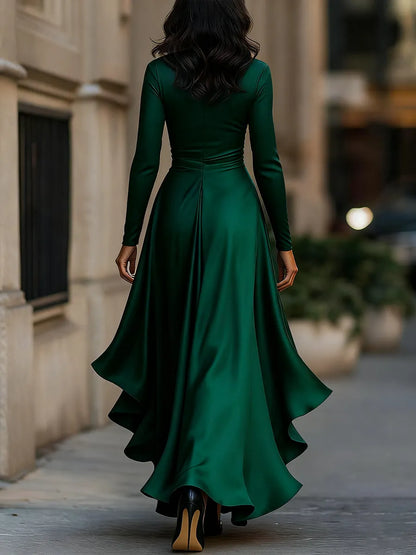 Women's Long Sleeve Ruffle Maxi Wedding Guest Dress with V-Neck