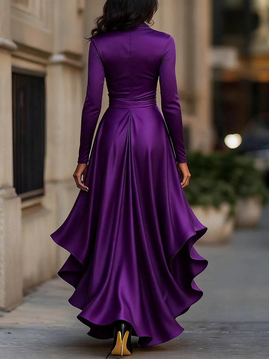 Women's Long Sleeve Ruffle Maxi Wedding Guest Dress with V-Neck