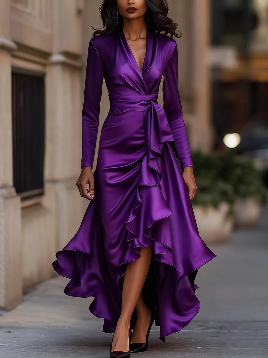 Women's Long Sleeve Ruffle Maxi Wedding Guest Dress with V-Neck