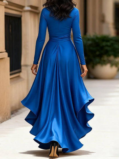 Women's Long Sleeve Ruffle Maxi Wedding Guest Dress with V-Neck