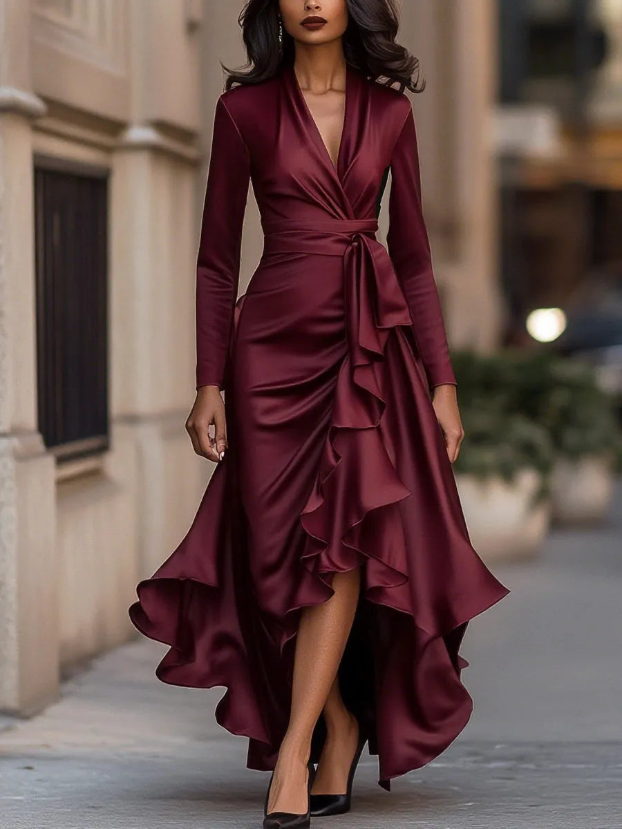 Women's Long Sleeve Ruffle Maxi Wedding Guest Dress with V-Neck