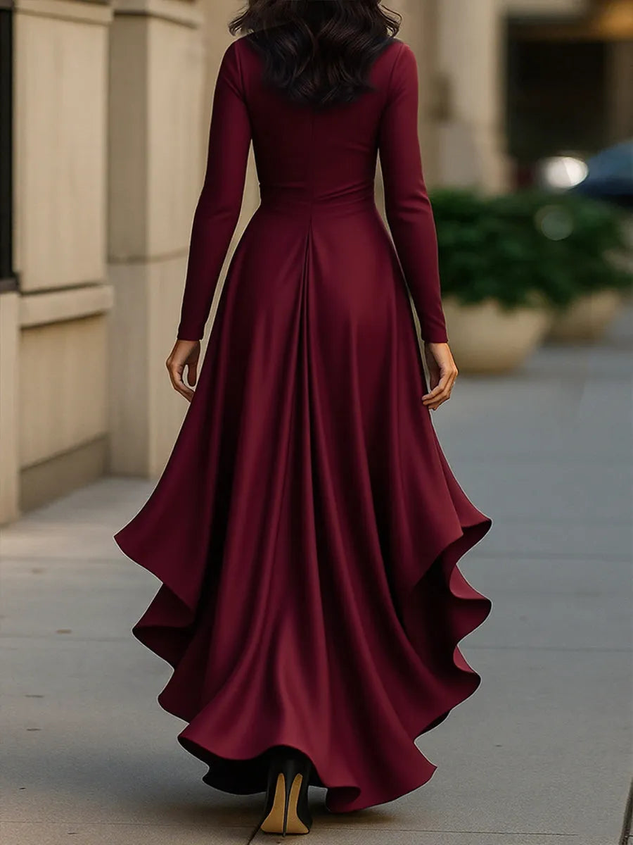 Women's Long Sleeve Ruffle Maxi Wedding Guest Dress with V-Neck