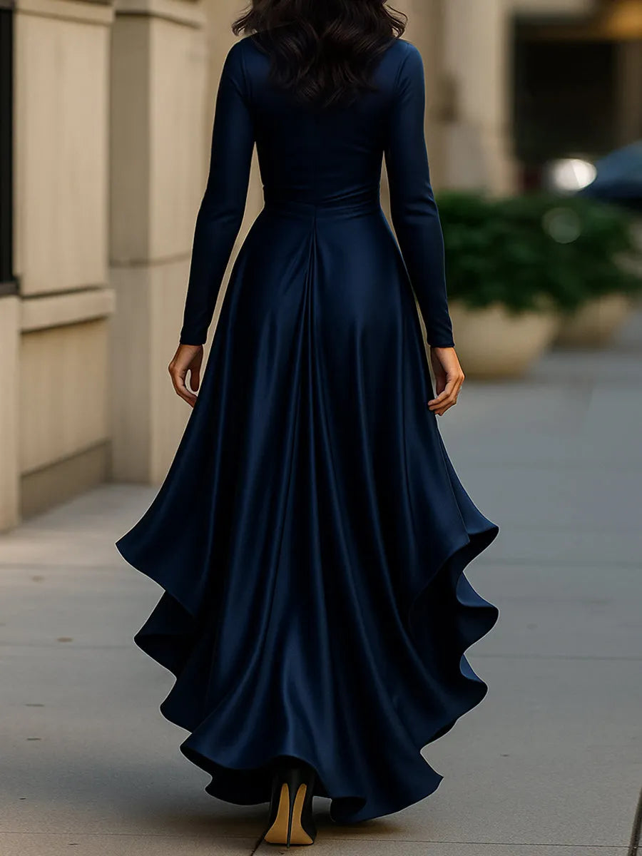Women's Long Sleeve Ruffle Maxi Wedding Guest Dress with V-Neck