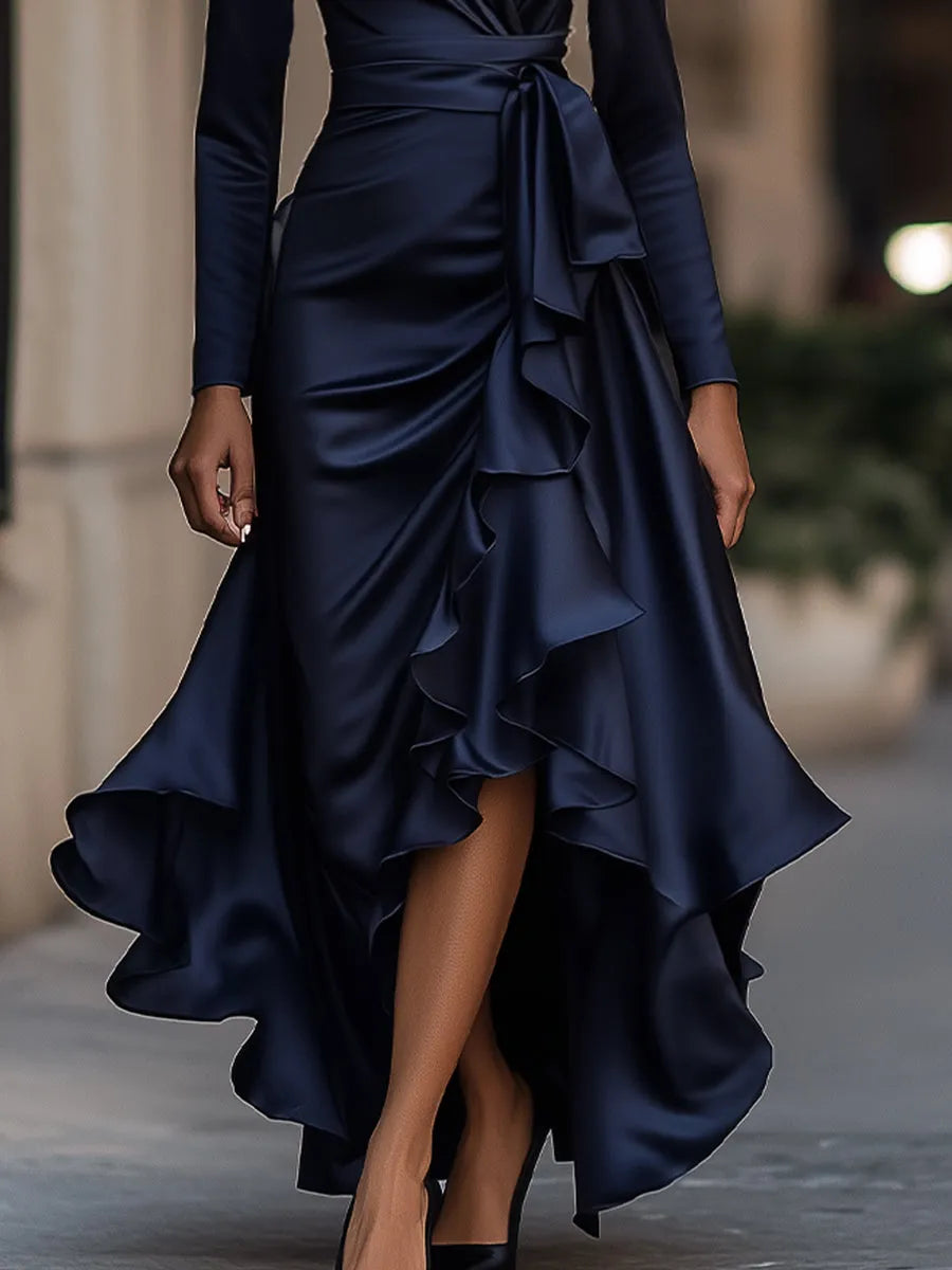 Women's Long Sleeve Ruffle Maxi Wedding Guest Dress with V-Neck