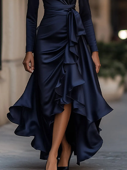Women's Long Sleeve Ruffle Maxi Wedding Guest Dress with V-Neck