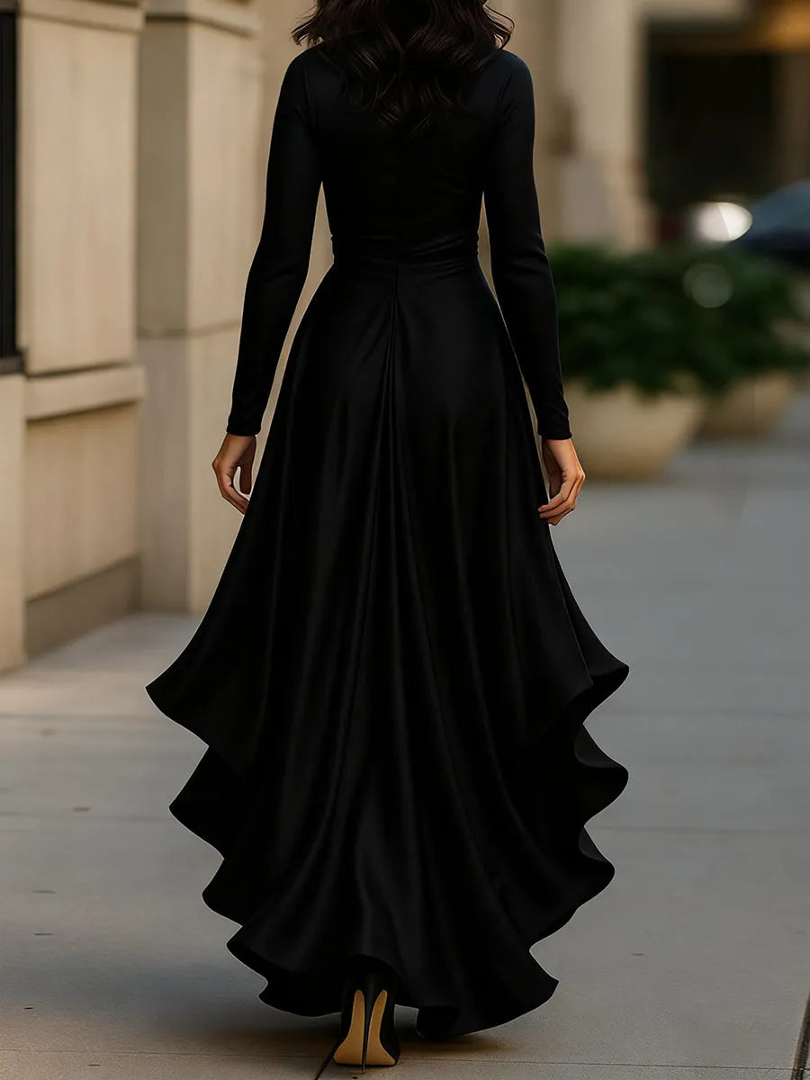 Women's Long Sleeve Ruffle Maxi Wedding Guest Dress with V-Neck