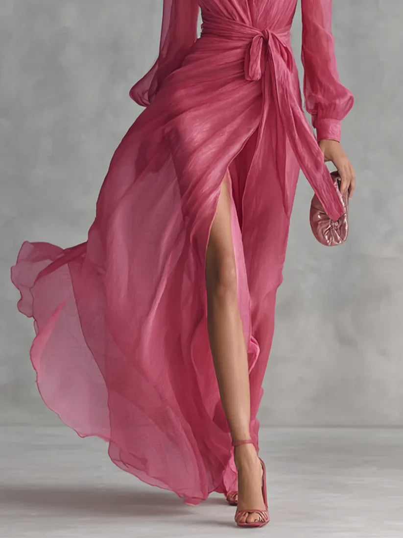 Women's Long Sleeve Wrap Maxi Wedding Guest Dress with Slit