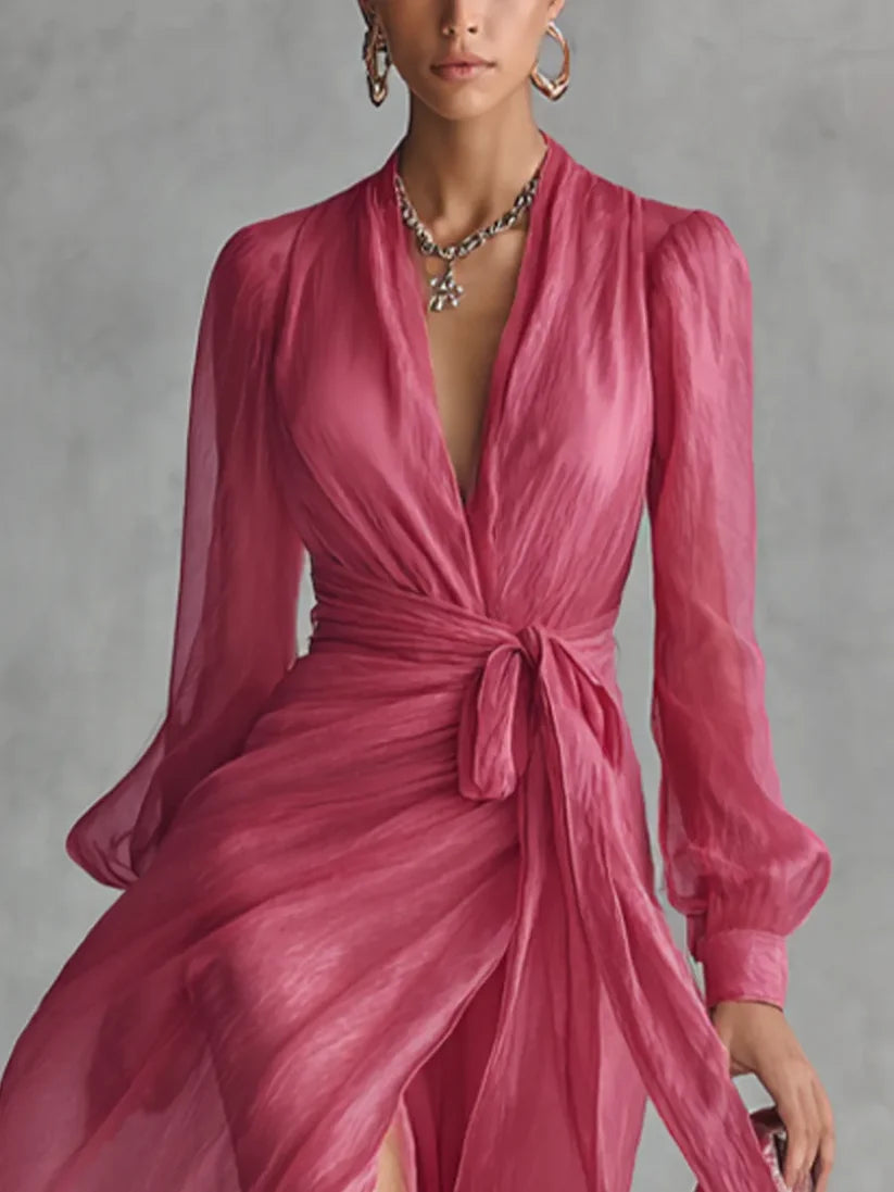 Women's Long Sleeve Wrap Maxi Wedding Guest Dress with Slit