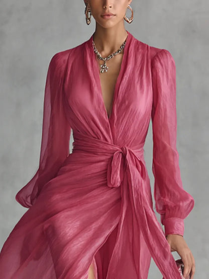 Women's Long Sleeve Wrap Maxi Wedding Guest Dress with Slit