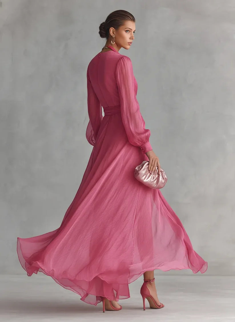 Women's Long Sleeve Wrap Maxi Wedding Guest Dress with Slit