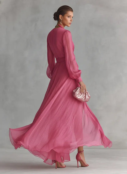 Women's Long Sleeve Wrap Maxi Wedding Guest Dress with Slit