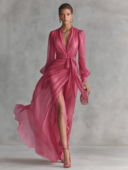 Women's Long Sleeve Wrap Maxi Wedding Guest Dress with Slit