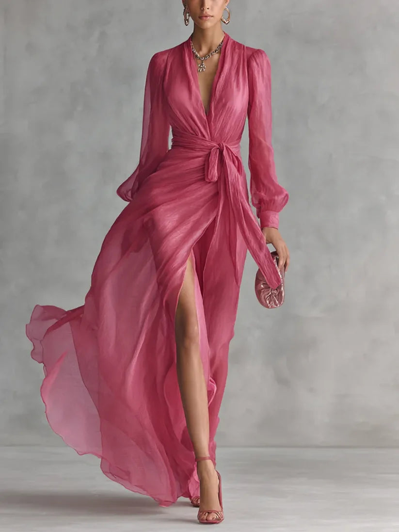 Women's Long Sleeve Wrap Maxi Wedding Guest Dress with Slit
