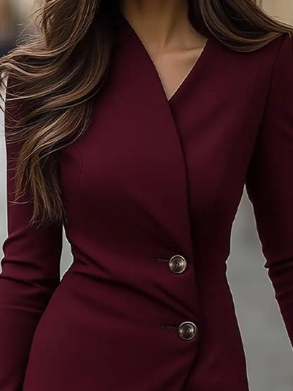 Women's Long Sleeve Wrap Midi Wedding Guest Dress with Button Details