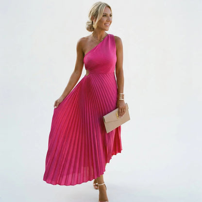 Women's One-Shoulder Pleated Maxi Wedding Guest Dress with Cut Out