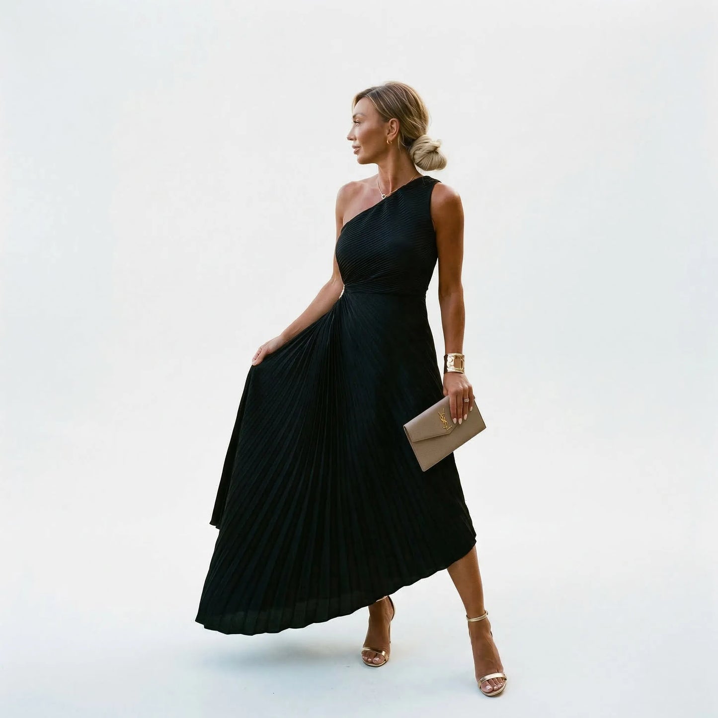 Women's One-Shoulder Pleated Maxi Wedding Guest Dress with Cut Out