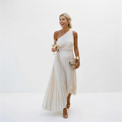 Women's One-Shoulder Pleated Maxi Wedding Guest Dress with Cut Out