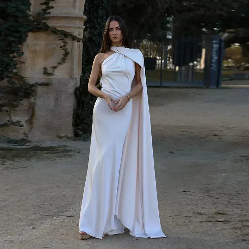 Women's One Shoulder Elegant Maxi Wedding Guest Dress with Open Back