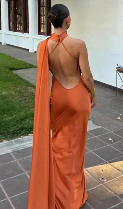 Women's One Shoulder Elegant Maxi Wedding Guest Dress with Open Back
