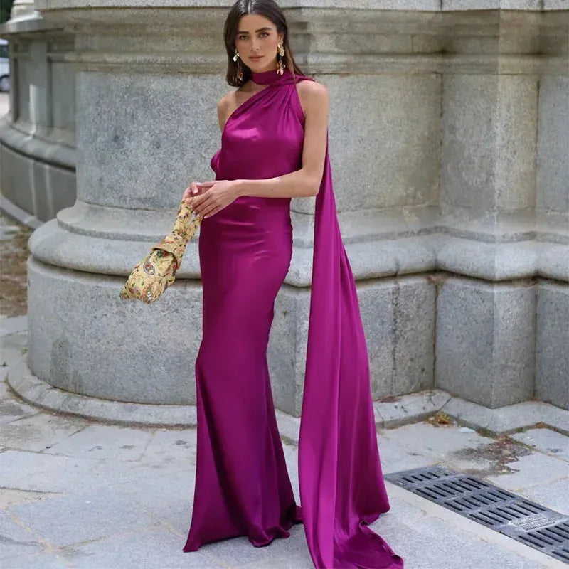 Women's One Shoulder Elegant Maxi Wedding Guest Dress with Open Back