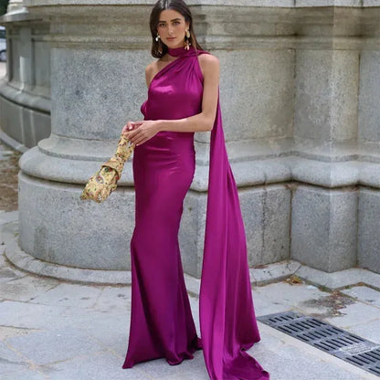 Women's One Shoulder Elegant Maxi Wedding Guest Dress with Open Back