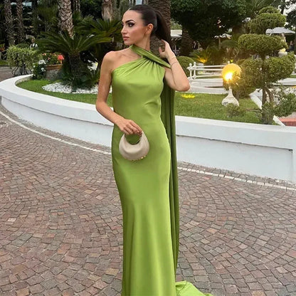 Women's One Shoulder Elegant Maxi Wedding Guest Dress with Open Back