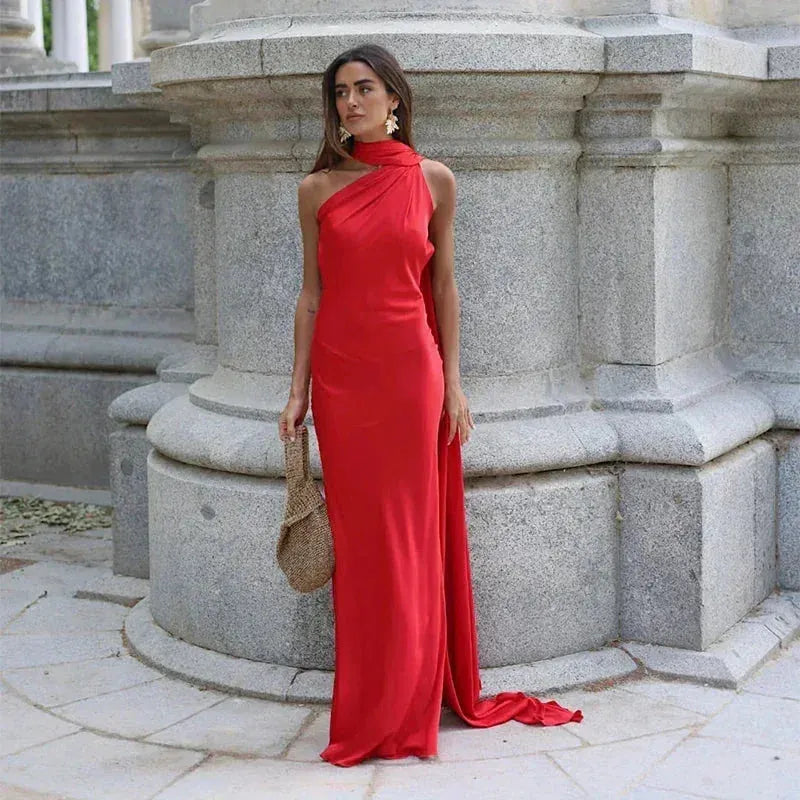 Women's One Shoulder Elegant Maxi Wedding Guest Dress with Open Back