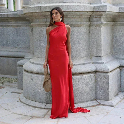 Women's One Shoulder Elegant Maxi Wedding Guest Dress with Open Back