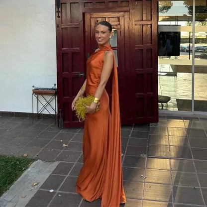 Women's One Shoulder Elegant Maxi Wedding Guest Dress with Open Back