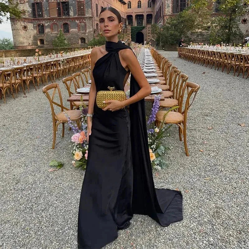 Women's One Shoulder Elegant Maxi Wedding Guest Dress with Open Back
