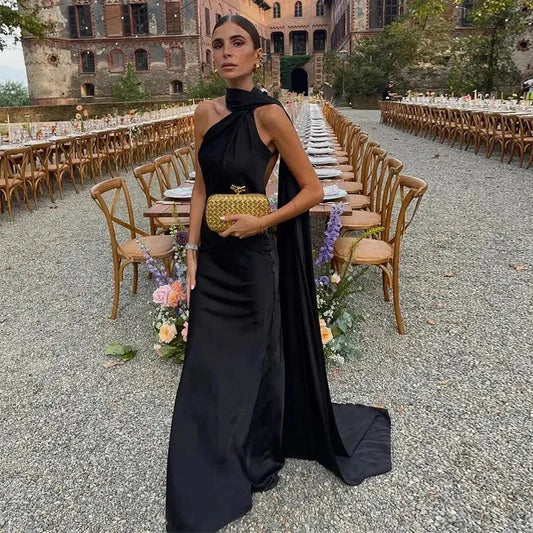 Women's One Shoulder Elegant Maxi Wedding Guest Dress with Open Back