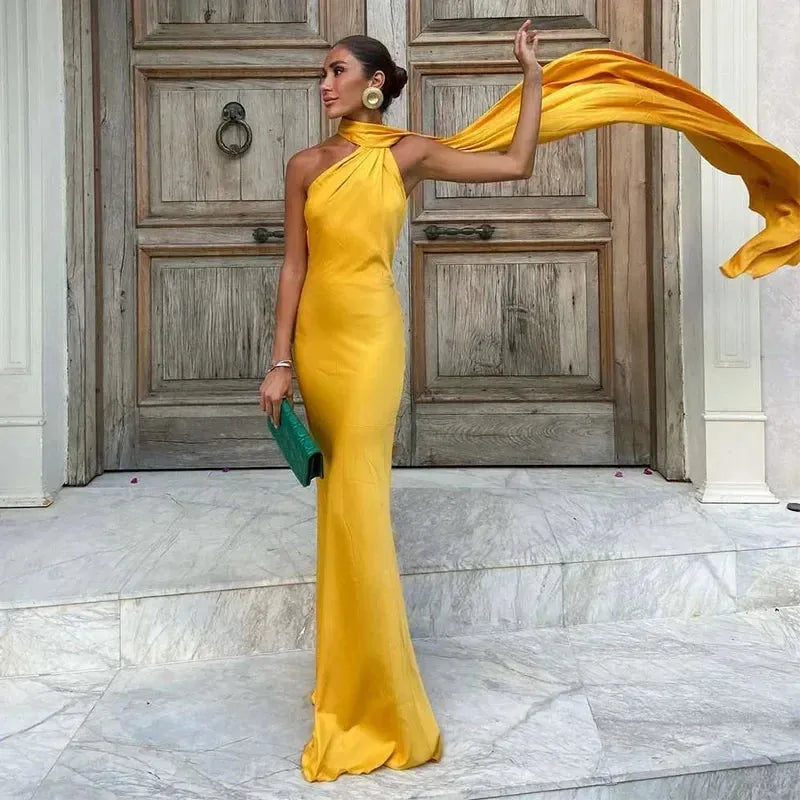 Women's One Shoulder Elegant Maxi Wedding Guest Dress with Open Back