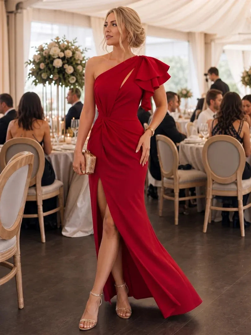 Women’s One Shoulder Evening Maxi Wedding Guest Dress with High Slit