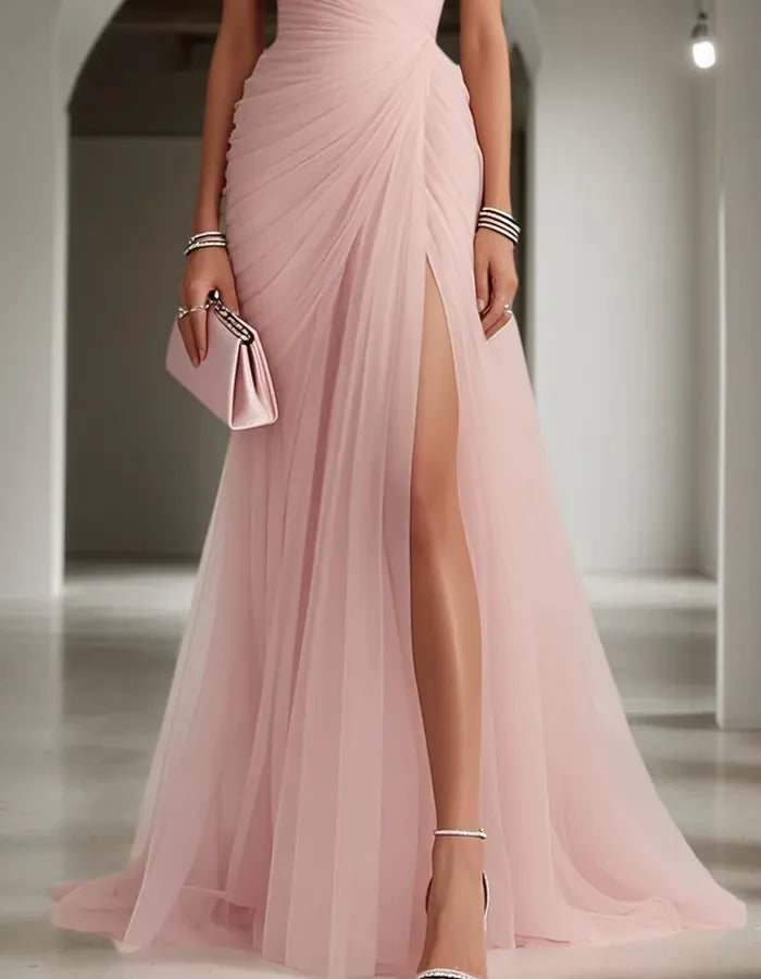 Women's One Shoulder Pleated Maxi Wedding Guest Dress with Slit