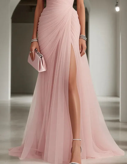 Women's One Shoulder Pleated Maxi Wedding Guest Dress with Slit