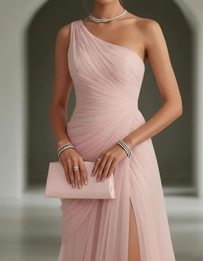 Women's One Shoulder Pleated Maxi Wedding Guest Dress with Slit