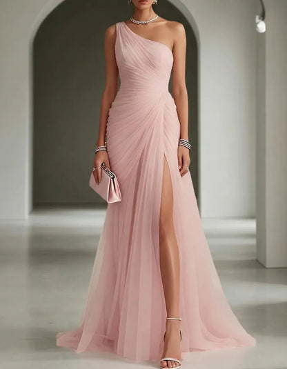 Women's One Shoulder Pleated Maxi Wedding Guest Dress with Slit