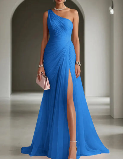 Women's One Shoulder Pleated Maxi Wedding Guest Dress with Slit