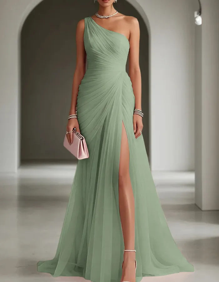 Women's One Shoulder Pleated Maxi Wedding Guest Dress with Slit