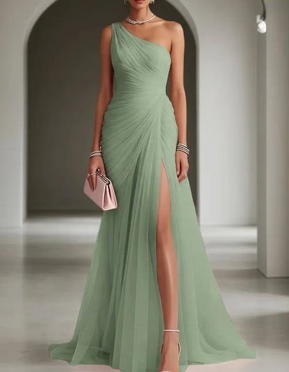 Women's One Shoulder Pleated Maxi Wedding Guest Dress with Slit