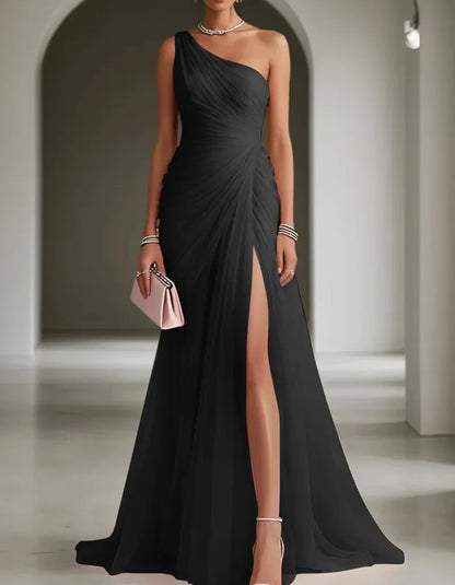 Women's One Shoulder Pleated Maxi Wedding Guest Dress with Slit