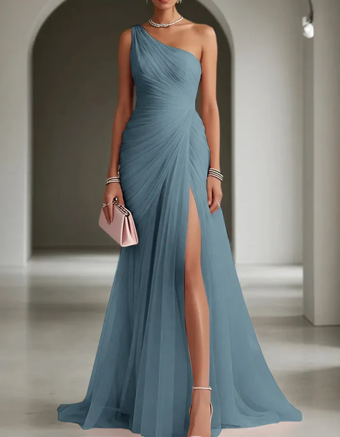 Women's One Shoulder Pleated Maxi Wedding Guest Dress with Slit