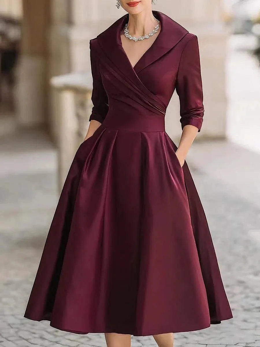 Women's Pleated A-Line Midi Wedding Guest Dress with V-Neck